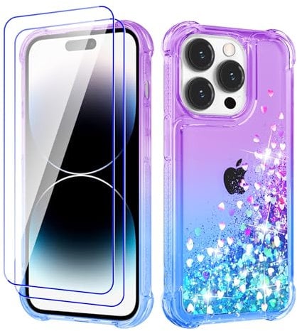 Pilaru Lovely for iPhone 14 Pro Case [2 Screen Protector] Clear Liquid Heart Glitter Soft TPU Cover Transparent Girly Shockproof Protective Phone Case for iPhone 14 Pro,Purple/Teal