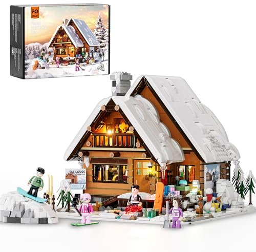 FUNWHOLE Weihnachten Ski Haus Bausteine Set mit LED Licht, 2187 Pcs Ski Lodge Bauklötze Schnee Hütte Spielzeug Modulare Baukästen Klemmbausteine für Erwachsene und Jugendliche