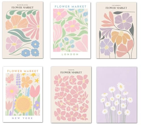 6 Flower Market Poster Vintage Blumen Bilder New York London Wandbilder Blumen Wohnzimmer Wanddeko Schlafzimmer Leinwand Bilder Blume 21x30 ohne Rahmen