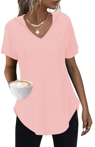 WNEEDU Tee Shirt Femme Col V Sweat a Capuche Hoodie T-Shirt Top Haut Femme été Chic Légere Rose Clair XL