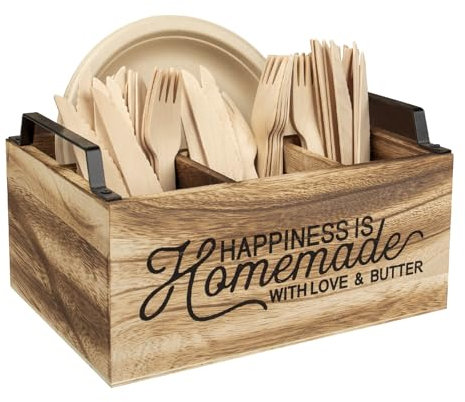 KOVNISE Soporte para utensilios de cocina con asa, organizador de utensilios de madera marrón para mostrador, organizador multifuncional de encimera de cocina para almacenamiento de cocina con 4
