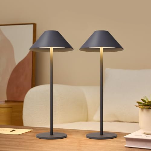 Lalavon LED Dimmbare Tischleuchte Akku mit 3 Farbtemperatur, 3000K-6000K Tischlampe Kabellos Touch Control, 4000mAh Tischlampe Aufladbar mit USB-C für Outdoor Esstisch Camping Bar, 2 Stück (Grau)
