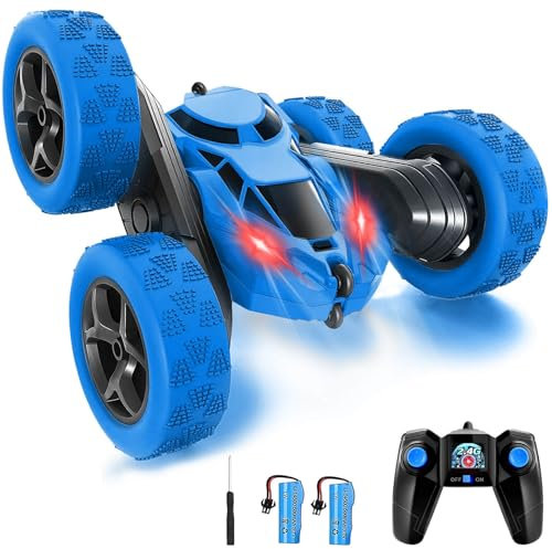 DxxD Ferngesteuertes Auto ab 3 4 5 6 7 8 9 Jahre, 4WD RC Drift Stunt Car mit LED Blinken, 2.4Ghz Doppelseitig 360° drehbare RC Stunt Crawler, Spielzeug Geschenke für Jungen Mädchen Kinder 3-12, Blau