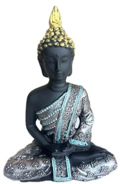 LK Trend & Style Buddha-Statue aus Harz, Schwarz mit Türkis, Meditation Feng Shui Dekofigur, 11 x 8 cm