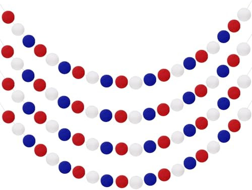 sourcing map 4pcs Pom Pom Garland 6.6 ft 20 Balls Colorful Felt Ball Garland for Wall Christmas Tree Decor Birthday Banner Easter Party Decorations, Red, White, Blue