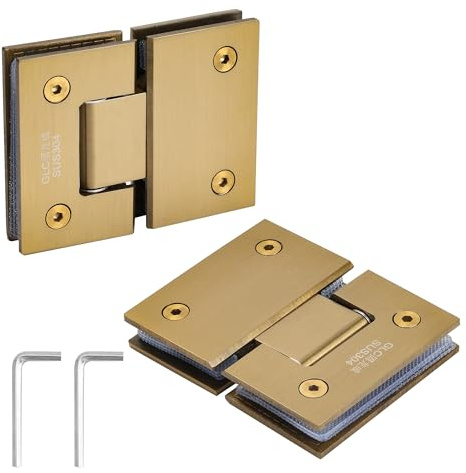 KEJJNYER 2 Pack Brushed Gold Glass Shower Door Hinge,180 Degree | Heavy Duty,304 Stainless Steel,Frameless Glass to Glass Hinges for 8mm-12mm