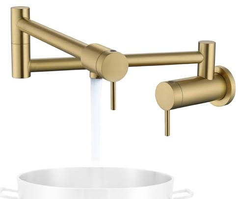 Senhozi SE-0051-BG Topffüller, moderne kommerzielle Wandmontage, Küchenarmaturen, goldfarbener Topffüller, klappbarer Wasserhahn über Herd mit dehnbaren Doppelgelenk-Schwenkarmen, gebürstet