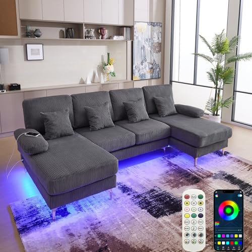 4-Sitzer-Sofa in U-Form mit LED und USB C, Ecksofa aus Samt mit 4 Kissen und Armlehnen, moderne ergonomische Rückenlehne, multifunktional, für Wohnzimmer, Grau