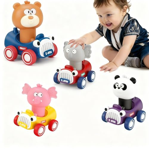 Beenavee Press & Go Tier Spielzeugautos für Kleinkinder, Baby Auto Rennwagen Kinderspielzeug Lernspielzeug ab 1 2 3 Jahr als Geschenk für Jungen und Mädchen Geschenk(4 Stück