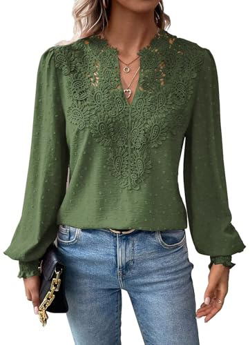 TUUHAW Women Tops V Neck Long Sleeve Shirts Swiss Dot Flowy Boho Lace Top | Crochet Casual Blouses, Basic Sexy Peplum T Shirt, Smocked Spring Clothing, Autumn Ladies Daily Outfits, Eyelet Embroidery