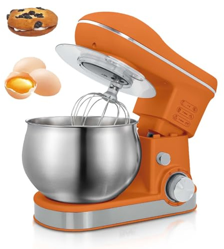 Batteur sur socle, batteur électrique de 1800 W avec bol de 6 litres, robot de cuisine professionnel pour pétrir, mélanger et fouetter, avec pare-éclaboussures pour un nettoyage facile, puissa orange