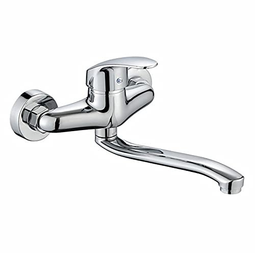 PJKTBEYI Grifo de Cocina Montaje en Pared Comercial Sola manija Lavandería Caño Giratorio Latón Cromo Restaurante Industrial Mezclador Agua Caliente y terrón