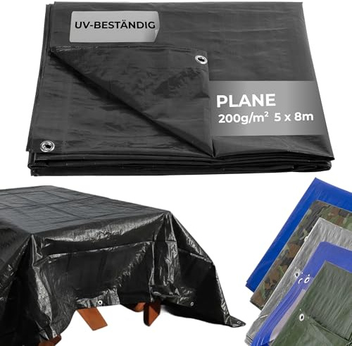 STREND PRO Abdeckplane 5x8 – Wasserdicht mit Ösen | Outdoor Gewebeplane Bauplane 200g/m² | Regenplane schwarz 5x8m | UV-beständig | Holzplane für Gartenmöbel, Zelt, Camping | Abdeckung Plane
