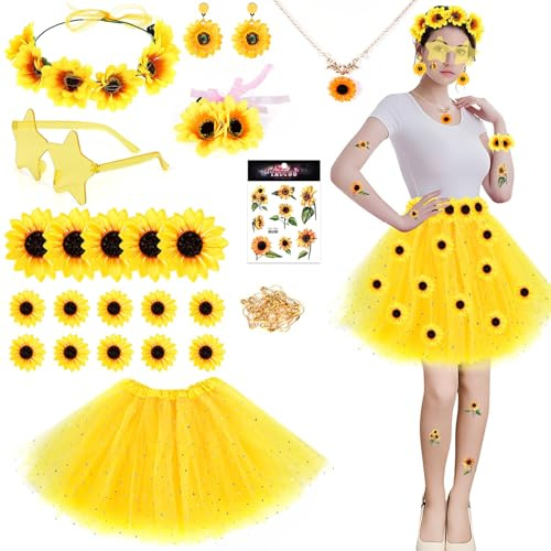 Sonnenblume Kostüm, Faschingskostüme Damen, 42 Stück Sonnenblumen Kostüm Damen mit Brille Ohrringen Halsketten Armbändern Stirnbändern Tutu Clip und Tattoos, für Karneval Halloween Weihnachten Party