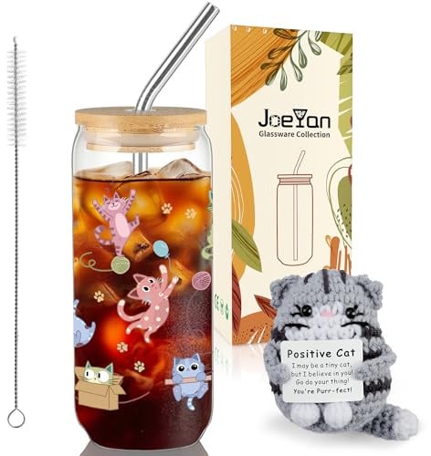 Joeyan Regalos para Amantes Gatos,Niños Niñas y Adolescentes 9-16 Años | 600ml Vasos de Cristal con Tapa y Pajita & Divertidos Gato Tejido a Crochet con Energía Positiva, Inspirador Regalo Original