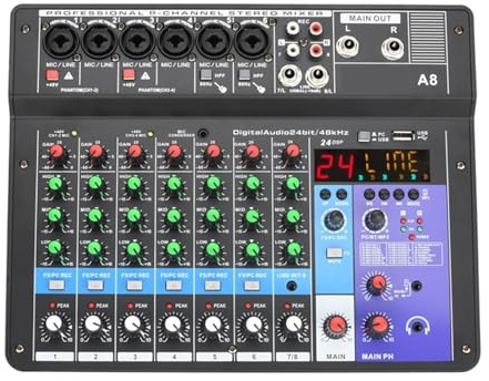 Mischpult, 8-Kanal-DJ-Sound-Mischpult, 24 DSP-Effekt-Audiomischer, Bluetooth-PC, USB-Wiedergabeaufnahme, 48-V-Controller-Mischpult A8