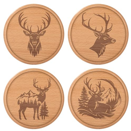 LULLEA Personalisierte Hirsch Untersetzer Holz, Jäger Geschenke für Männer, 4er Set Hirschgeschenke, Personalisierte Geschenke für Jäger, Männer, Vater, Papa, Opa