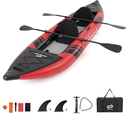 GOPLUS Kajak Aufblasbar für 2 Personen, Schlauchboot mit Aluminiumrudern, gepolstertem Eva-Sitz, Handpumpe & Reparaturset, Kanu mit Tragetasche bis 230 kg belastbar (Rot)