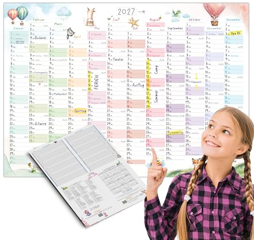 TOBJA® DIN A2 Wandkalender 2027 Tierwelt Aquarell Querformat – Jahresplaner Kinder mit KW, große Felder zum Eintragen, Feiertage – Rückseite Jahresplanung | Kalender A2 Tiere