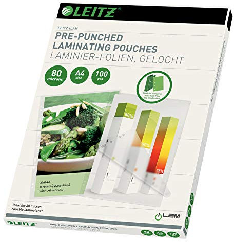 Leitz Heißlaminierfolien A4 80 mic, mit Lochung für Ordner und Ringbücher (2-/4-fach), Hochwertige Laminierfolien im 100er Pack, Glänzend, Transparent, 16918