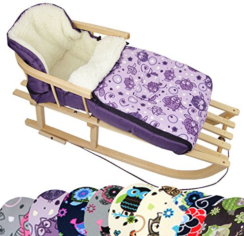 BAMBINIWELT Kombi-Angebot Holz-Schlitten mit Rückenlehne & Zugseil + universaler Winterfußsack (90cm), auch geeignet für Babyschale, Kinderwagen, Buggy, aus Wolle im Eulendesign