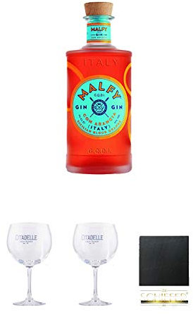 Malfy Gin Con ARANCIA 0,7 Liter + Citadelle Ballon GIN Glas 1 Stück + Citadelle Ballon GIN Glas 1 Stück + Schiefer Glasuntersetzer eckig ca. 9,5 cm Durchmesser