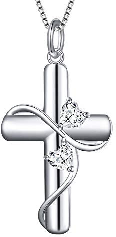 DAOCHONG Damen-Kreuz-Halskette, Sterlingsilber, doppeltes Herz, Zirkonia, Glaube, Hoffnung, Liebe, Kreuz-Anhänger-Halskette, Ostergeschenke für Frauen und Mädchen, Box-Kette 18 Zoll
