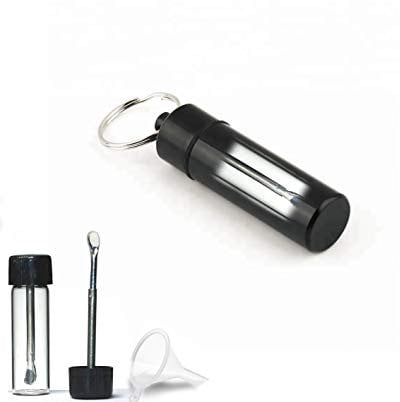 ASIO Fiole en verre avec cuillère à fourrer dans un pilulier étanche en aluminium Noir et mini entonnoir