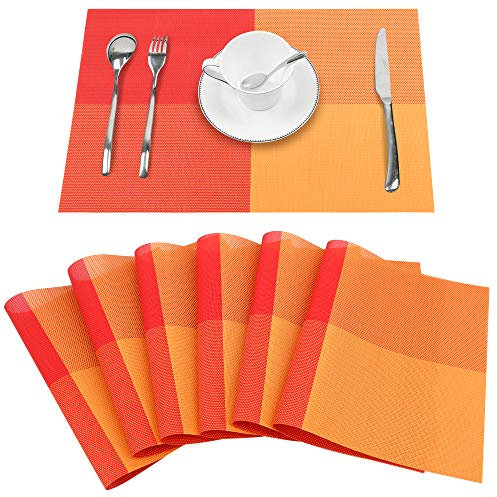 Time to Sparkle Set of 6 Vinyl Woven Placemats Place Mats Non slip Table Mats Waterproof Heat-resistant Dinning Table Mats Decor (PVC-Orange)