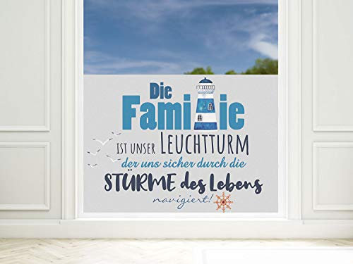 GRAZDesign Fensterfolie Blickdicht Leuchtturm Familie Spruch [90x57cm] für Fenster Bad & Dusche maritim | Sichtschutzfolie Glastür, Badfenster, Flur, Farbe Silbergrau Milchglasfolie BxH