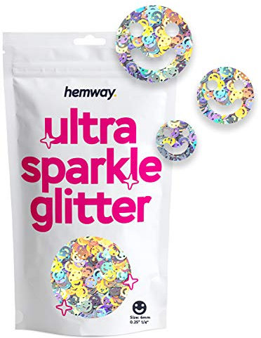 Hemway Ultra Sparkle Glitter - Smiley Face | Silver Holographic Metallic Flake Sequins for Resin & Epoxy Crafts | Craft Supplies for Tumblers, Festival, Face, Body, Eye & Nail Art Decoration | 50 g
