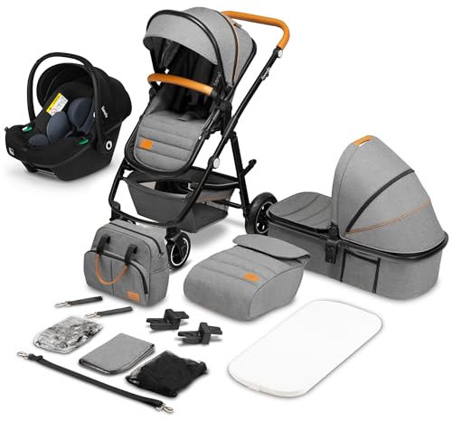 LIONELO Amber Passeggino Trio 0-22 kg Passeggino set 3-in-1: Passeggino + Navicella + Ovetto per neonato e bambini 0 fino a 48 mesi o 22 kg Regolabile e pieghevole, Ruote grandi, Cappotina XXL