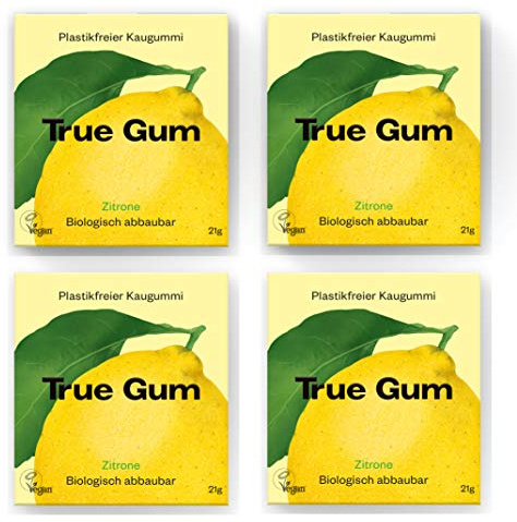 True Gum 4er SET: ZITRONE | Plastikfreier Kaugummi | Biologisch Abbaubar | Vegan | 4 x 21 g, 84 g
