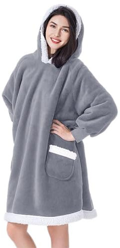SONORO KATE Wearable Blanket Oversized Fleece Blanket, Super Warm and Cozy Thick Lightweight Sherpa Blanket with Sleeves and Giant Pocket for Women and Men & Adults & Kids (Grey, Kids)