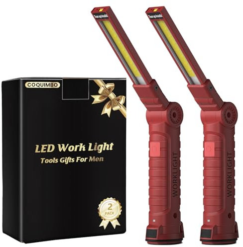 Coquimbo Cadeau Homme Lampe de Travail Rechargeable, Lampe Atelier COB Lampe de Poche avec Base Magnétique, 5 Modes Lampe Torche pour Auto, Garage, D'urgence, etc (Rouge, 2 Pièces)