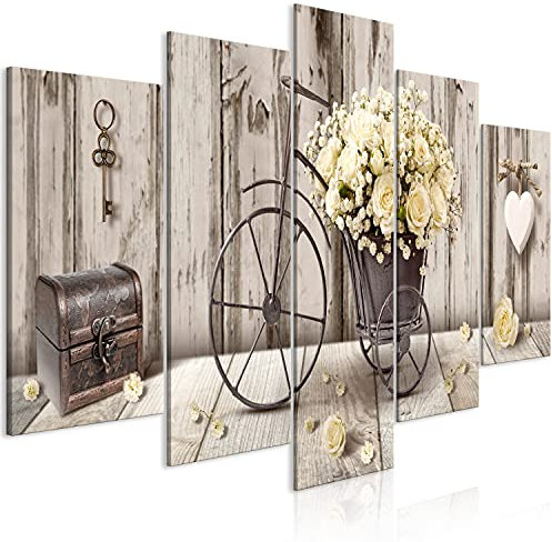 B&D XXL Acrylglasbild Blumen Holz 100x50 cm 5 Teilig Wandbild auf Acryl Glasbilder Kunstdruck Moderne Acrylglas Platte Wanddekoration Geschenke Heimdekoration Glasbild Rose Fahrrad Herz n-C-0291-k-m