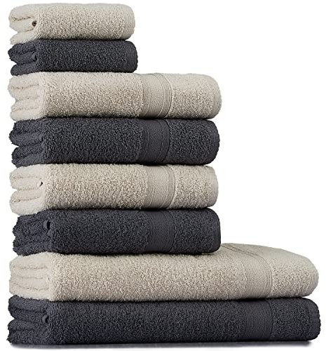 Tuiste Handtuch Set Grau Beige |%100 Baumwolle Frotee Handtücher Set 8 Teilig | 2X Badetücher Set, 4X Handtücher, 2X Gästetücher | Weich und Saugstark | Fabre: Grau - Beige