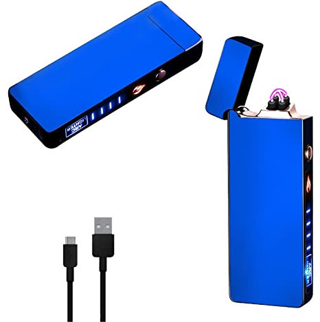 RSBYE Lichtbogen USB Feuerzeug Aufladbar - Elektrisch Mit Doppeltem Lichtbogen, PVD Beschichtet, Plasma Mit Batterieanzeige, Winddicht (Blau)