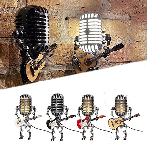Goniome Vintage Microphone Robot Desk Lamp,Metal Microphone Robot Lamp with Mini Guitar 450g,Robot Touch Dimmer Lamp,Vintage Light Home Decor Nightstand Desk Lamp for Bedroom,Bar,Restaurant (Yellow)