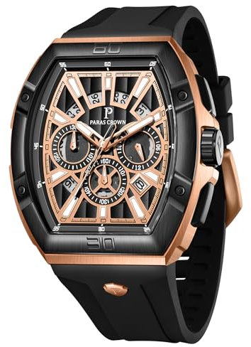 PC PARAS CROWN Orologio Uomo Cronografo al Quarzo per con Meccanismo Giapponese Resistente all'Acqua 5 ATM Cassa Tonneau in Acciaio Cinturino in Silicone