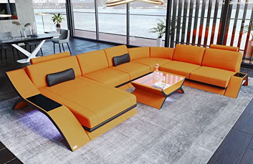 XXL Wohnlandschaft Calabria - mit LED Beleuchtung, verstellbare Kopfstützen, Recamiere/Mikrofaser/Ausrichtung wählbar (Ottomane Links, Schwarz-Aprico)