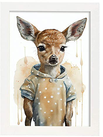 Nacnic Reh Poster im Aquarellstil. Illustrationen von niedlichen Tierbabys auf weißen Hintergründen für Kinderzimmer. Innenarchitektur und Dekoration. A4 mit weißen Rahmen.