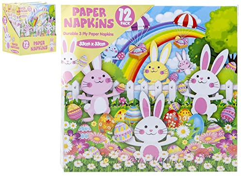 PMS Pack of 12 Bunny Rabbit 3-Ply Paper Napkins (33cm) - Easter Disposable Napkins for Happy Table Décor, Easter Napkins, Easter Party Napkins, Multicolor