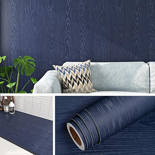 Livelynine Rouleau Adhesif pour Meuble Imitation Bois Bleu 40CMx5M Papier Peint Adhesif Mural Bois Chambre Salon Lavable Revêtement Plan de Travail Adhésif Cuisine Papier Adhesif pour Meuble Bois Bleu