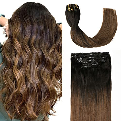 Sindra Clip in Extensions Echthaar Real Human Hair Haarextension Echthaar Remy Haarverlängerung 35cm 100g 6pcs Natürlich Schwarz to Dunkel Braun Hair Extensions C#1BT4 14 Zoll