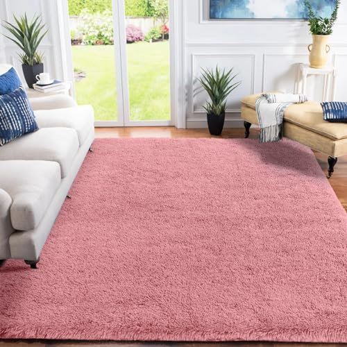 XSIVOD hochflor Wohnzimmer Teppich, Schlafzimmer Bettvorleger, Moderner zottelig flauschig weich Teppiche für Kinderzimmer Anti-Rutsch Unterseite waschbar, 120x160 cm, Erröten