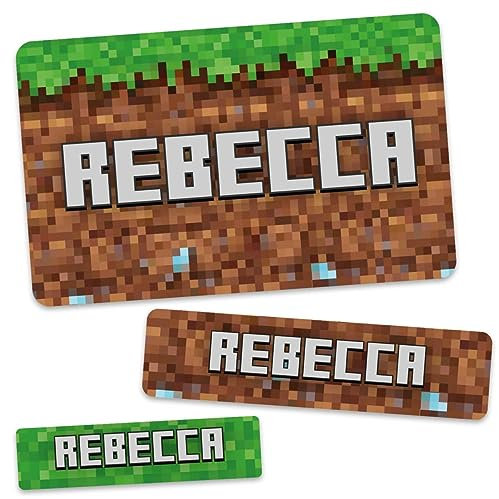 GRAVURZEILE Schuletiketten - Pixelerde - Personalisiert mit Namen - 100 Aufkleber in 3 Größen für das Beschriften von Schulsachen Hefte Bücher - Geschenk zum Schulanfang zur Einschulung