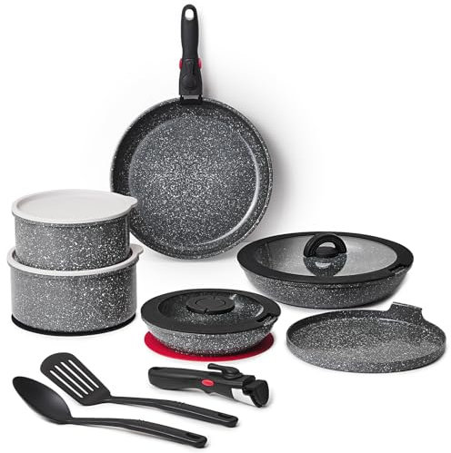 ROSSETTO Lot de 16 casseroles et poêles antiadhésives en aluminium forgé de France avec poignée amovible, empilables, poignée amovible, sans PFOA et PTFE, passe au four, induction