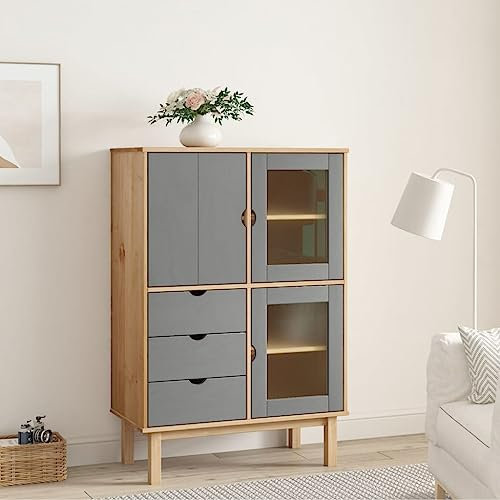 Hommdiy Highboard OTTA Sideboard Kommode Schrank Anrichte Beistellschrank Mehrzweckschrank Standschrank Hochschrank Braun&Grau 85x43x125 cm Massivholz Kiefer