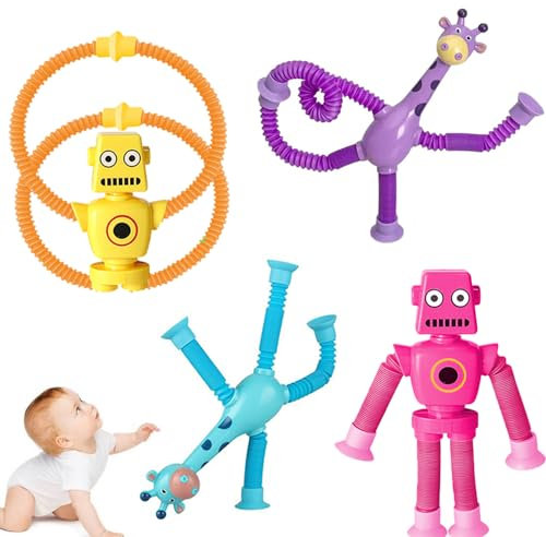 RHQFDM 4 Pieces Ventouse Télescopique Girafe Robot Pop Tube Girafe Robot Sensoriel Jouet Girafe Robot Fun Ventouse Télescopique Jouet pour Enfants Attirer l'attention des Enfants Et Libérer Le Stress